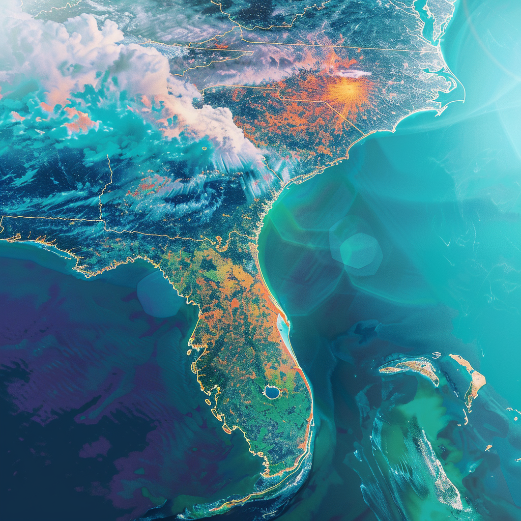 Satellite view of Florida state, displaying its peninsula, coastlines, and surrounding ocean.