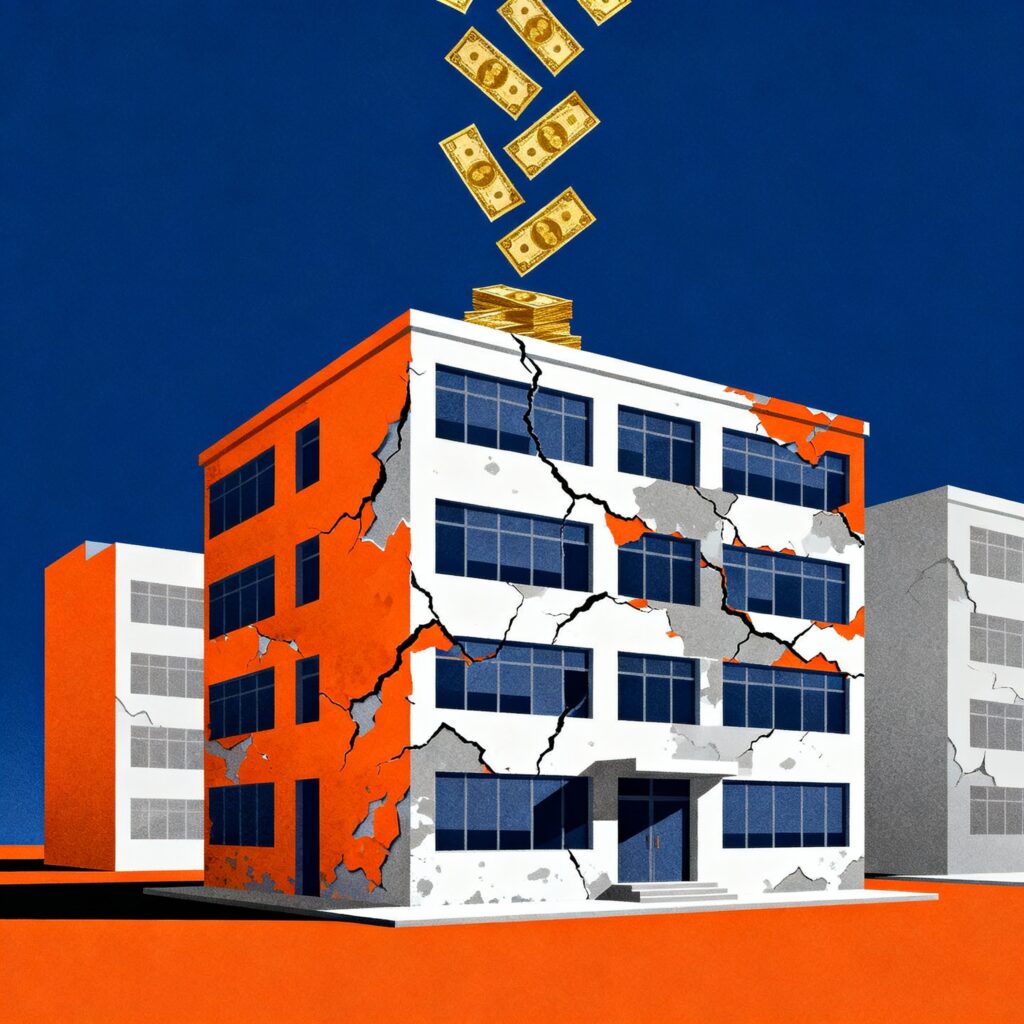 Flat minimalist illustration of an old, damaged office building in Florida, showing signs of recovery and money flowing in, with a vibrant color palette of deep blue, bright orange, sunshine gold, soft white, and slate grey.