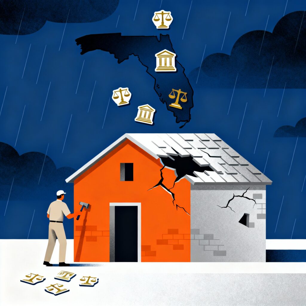 Flat minimalist illustration of a Florida business owner repairing a damaged building while ignoring building code symbols and upgrade icons, contrasting outdated and new law elements against a storm damage background, in deep blue, bright orange, sunshine gold, soft white, and slate grey.