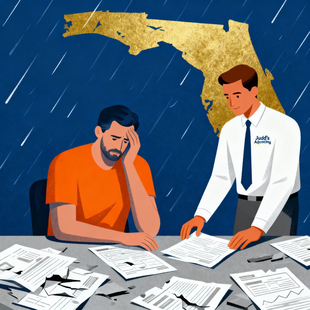 Flat minimalist illustration contrasting a Florida business owner struggling alone with storm-damaged property and paperwork on one side, versus successfully partnering with a Judd's Adjusting advocate on the other, in deep blue, bright orange, sunshine gold, soft white, and slate grey.