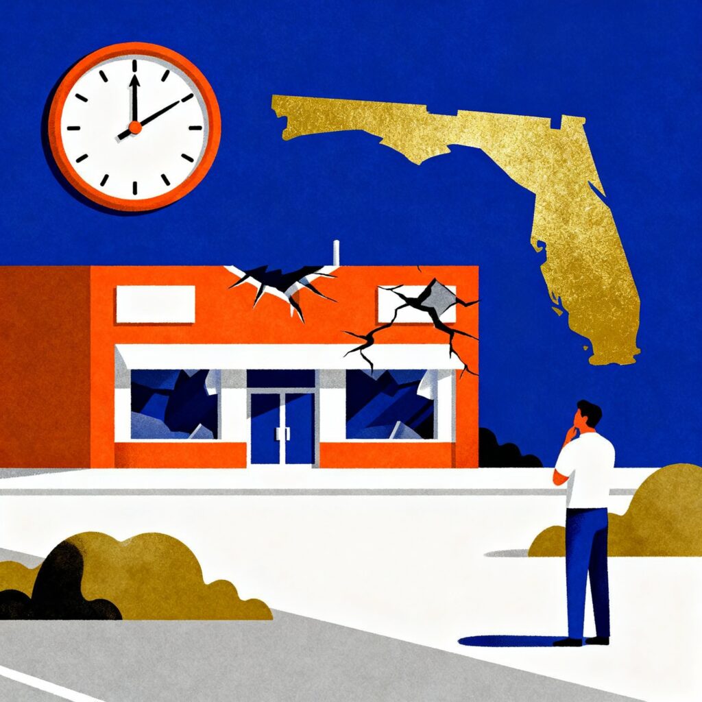 Flat minimalist illustration showing a damaged Florida business property, a large clock indicating time passing, and a person hesitating to report the incident, in deep blue, bright orange, sunshine gold, soft white, and slate grey colors.