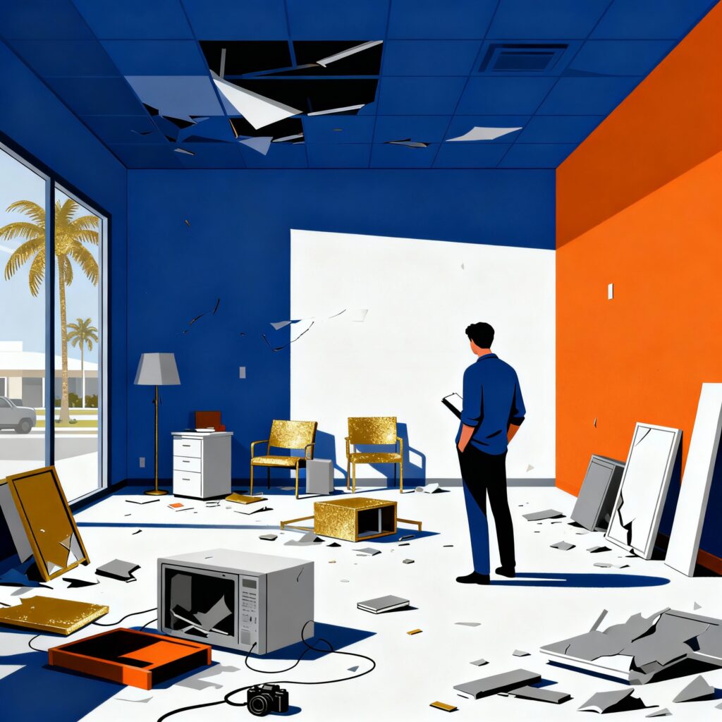 Flat minimalist illustration showing a Florida business property with visible damage and scattered belongings, featuring a person neglecting to take photos or notes, rendered in deep blue, bright orange, sunshine gold, soft white, and slate grey.