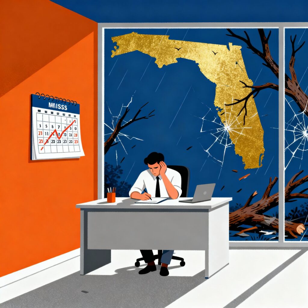 Flat minimalist illustration featuring a Florida business office with a storm-damaged background, a visible calendar with missed deadlines, and a stressed person, using deep blue, bright orange, sunshine gold, soft white, and slate grey.