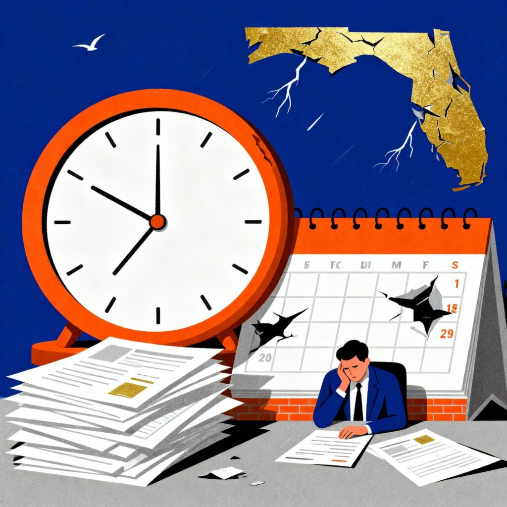 Flat minimalist illustration showing a Florida business property with visible storm damage, a large clock and calendar, piles of paperwork, and a distracted, overwhelmed business owner, using deep blue, bright orange, sunshine gold, soft white, and slate grey.