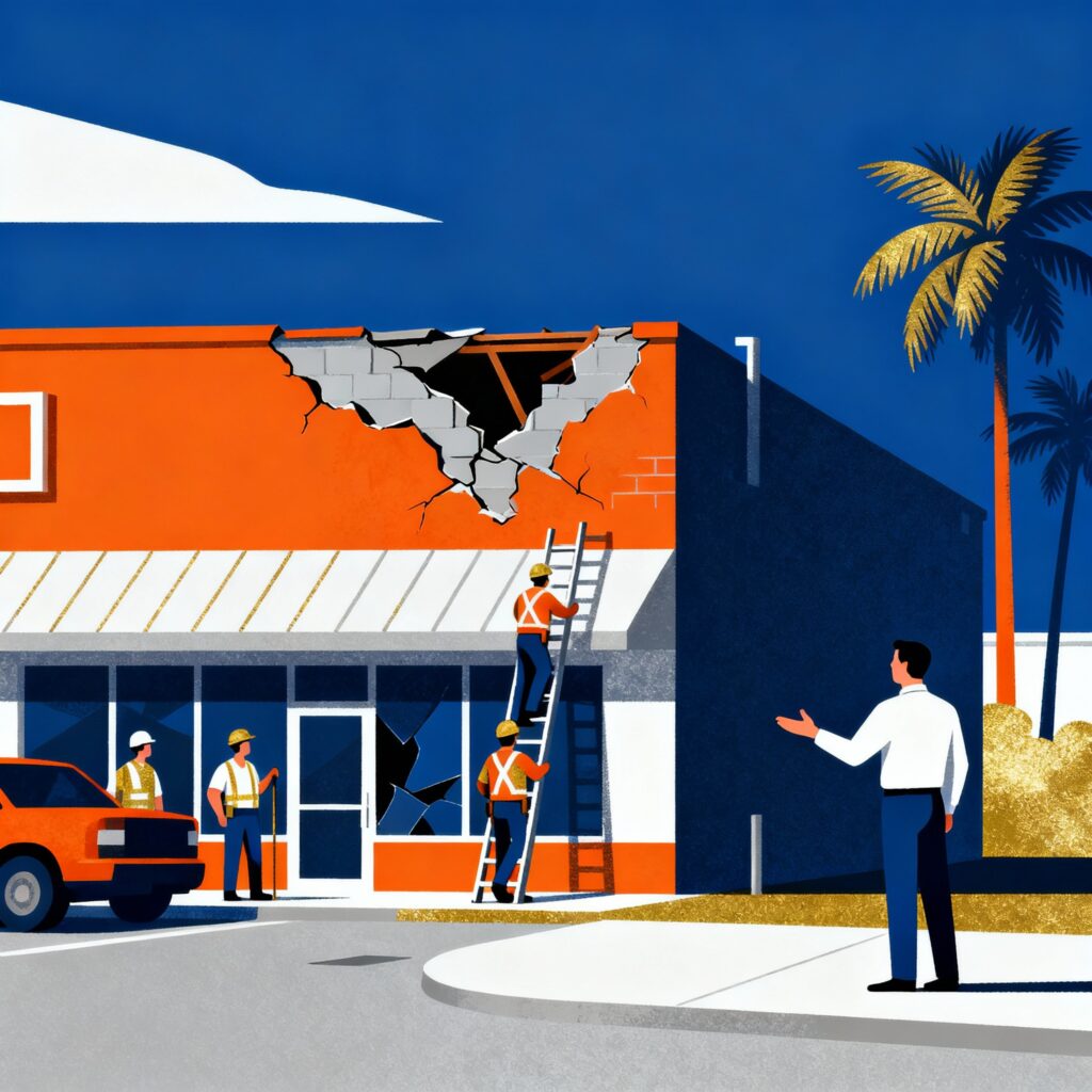 Flat minimalist illustration of a damaged Florida business property where a repair crew starts permanent repairs while an insurance adjuster gestures to wait, using deep blue, bright orange, sunshine gold, soft white, and slate grey.