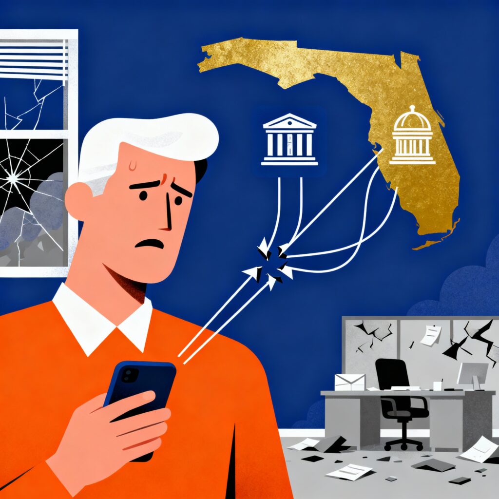 Flat minimalist illustration of a frustrated Florida business owner at a phone or email, with broken connection lines to an insurance company icon, set against a storm-damaged office background, in deep blue, bright orange, sunshine gold, soft white, and slate grey.