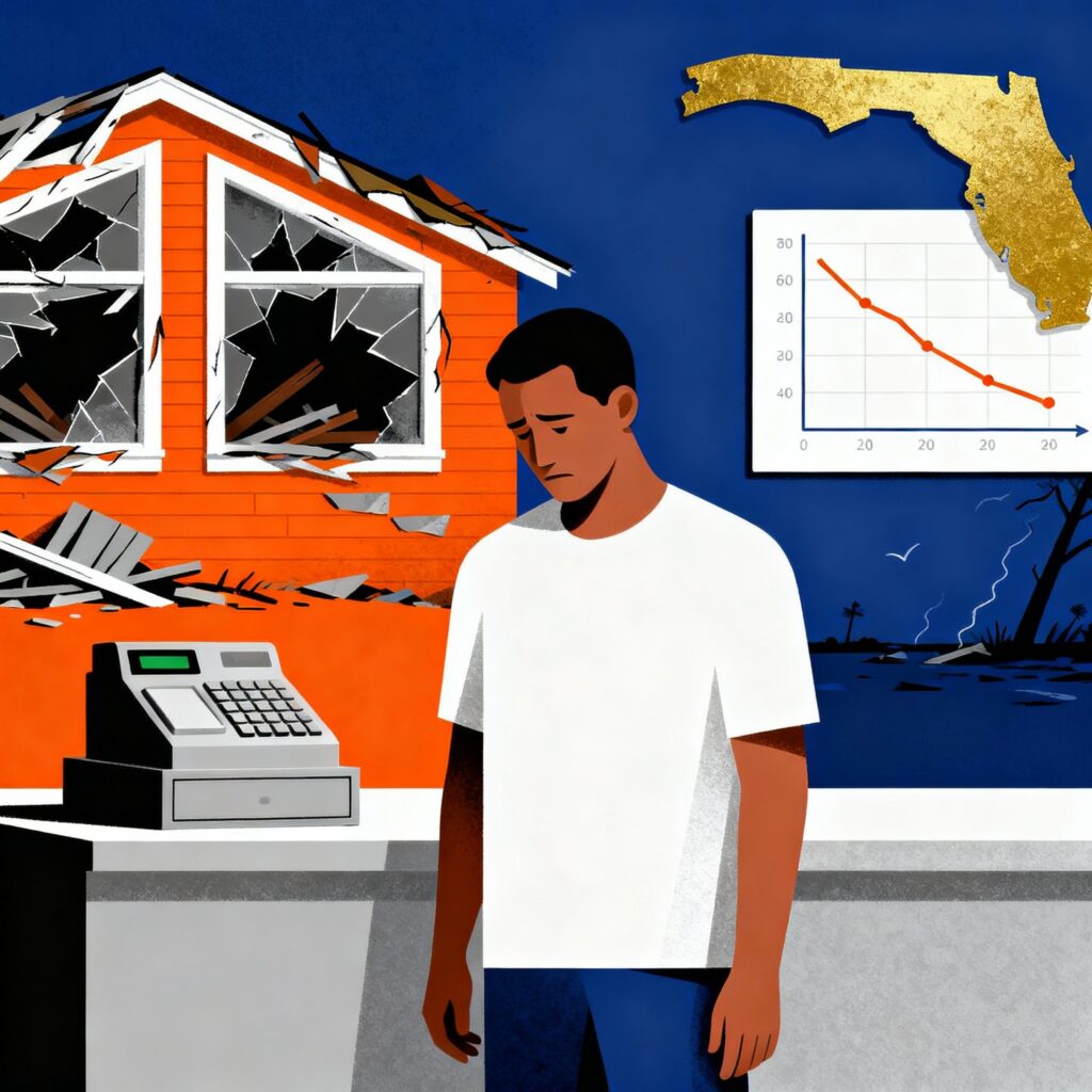 Flat minimalist illustration of a Florida business owner overlooking business interruption losses, with an empty cash register or declining revenue graph against a storm-damaged property background, in deep blue, bright orange, sunshine gold, soft white, and slate grey.