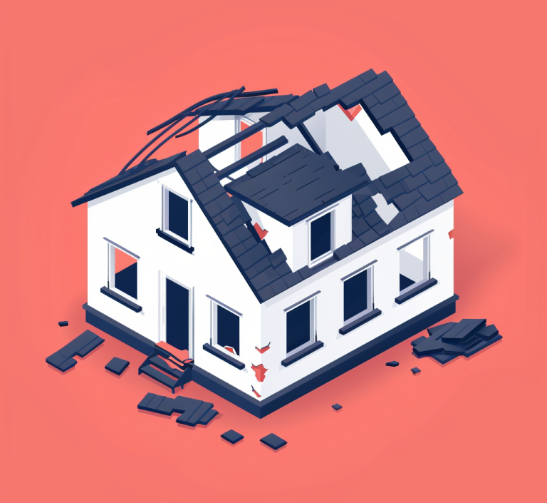 Isometric illustration of a house with visible roof damage, highlighting areas Judd's Adjusting can assist with insurance claims