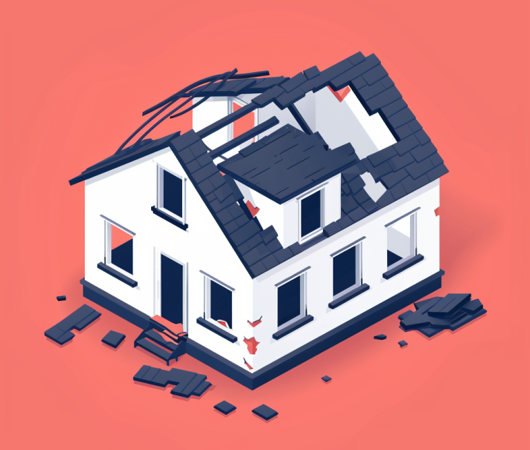 Isometric illustration of a house with visible hail and roof damage, highlighting areas where Judd's Adjusting can assist with insurance claims