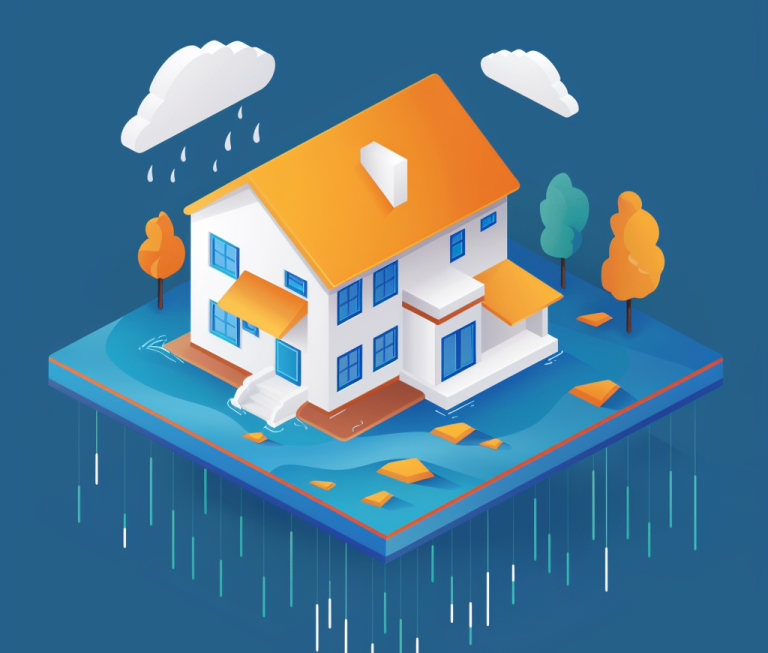 Isometric illustration of a house with visible water and flood damage, highlighting areas Judd's Adjusting can help with insurance claims