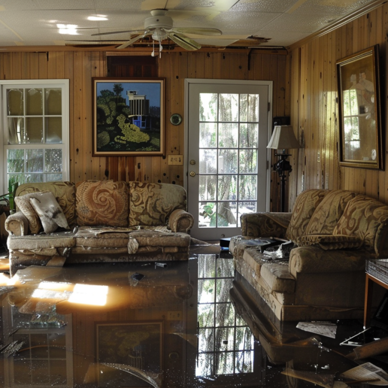 Living room with visible water damage, showcasing areas where Judd's Adjusting can assist with insurance claims in Sarasota