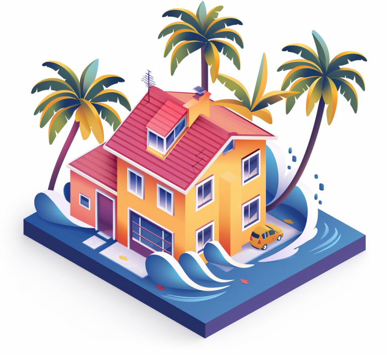 Isometric illustration of a house damaged by hurricane and strong winds, showing areas where Judd's Adjusting can assist with insurance claims