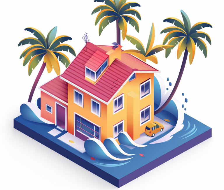 Isometric illustration of a house damaged by hurricane and strong winds, showing areas where Judd's Adjusting can assist with insurance claims