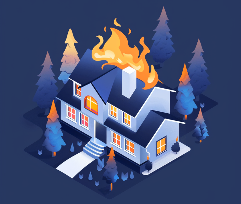 Isometric illustration of a house affected by fire and smoke damage, showing areas where Judd's Adjusting can help with insurance claims