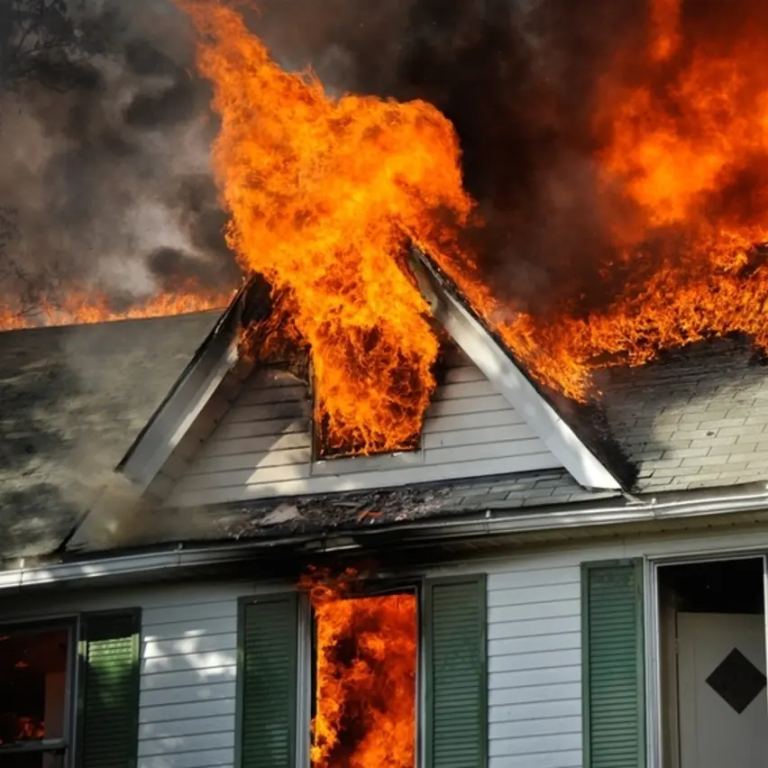 Photograph of a house engulfed in flames, illustrating the type of fire damage Judd's Adjusting handles for insurance claims